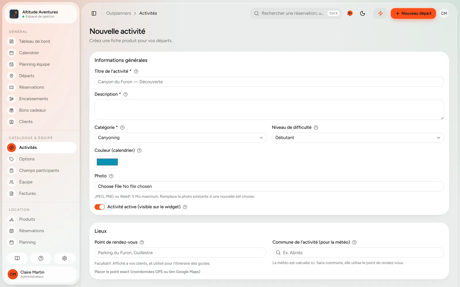 Formulaire de création d'une activité