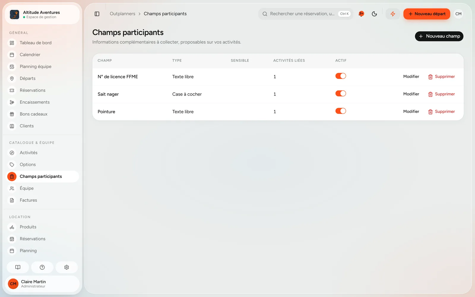 Liste des champs participants