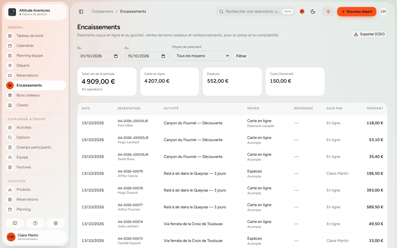 Liste des encaissements