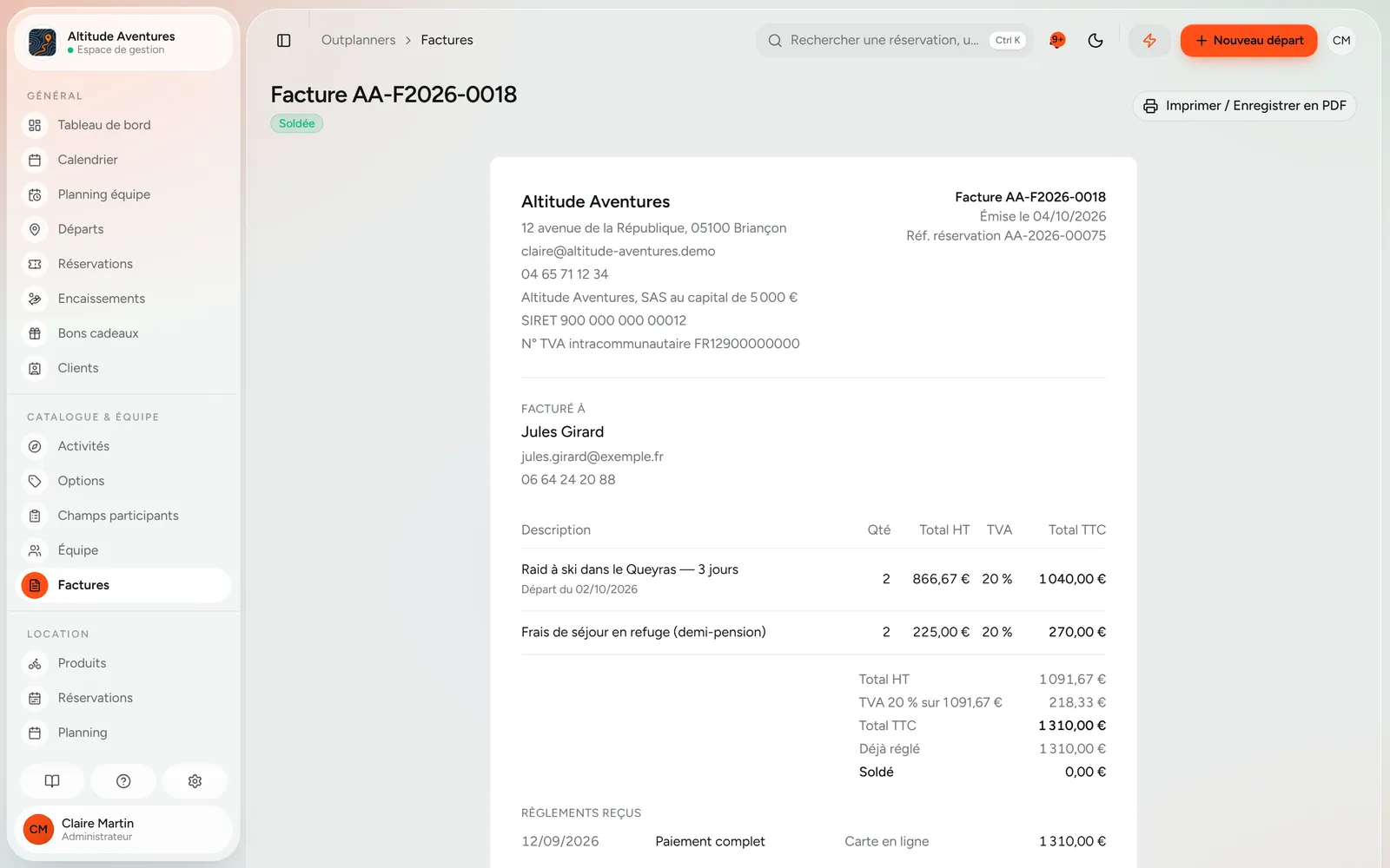 Facture soldée, avec ses mentions légales et les règlements reçus
