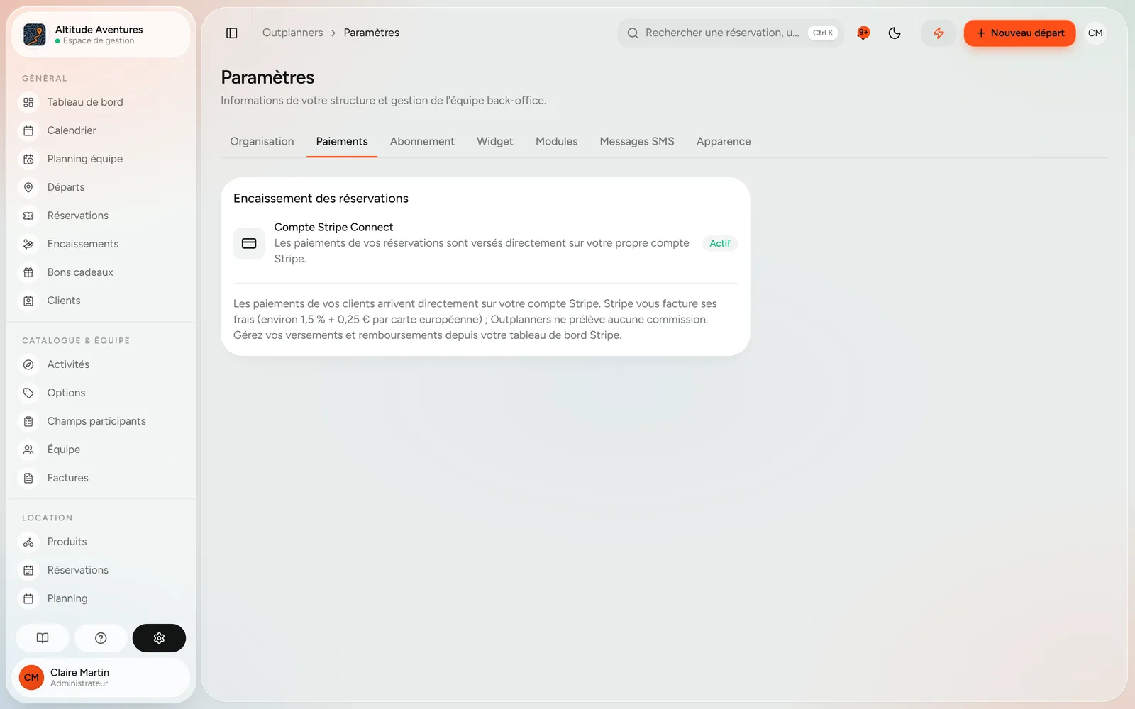 Paramètres de paiement avec un compte Stripe actif
